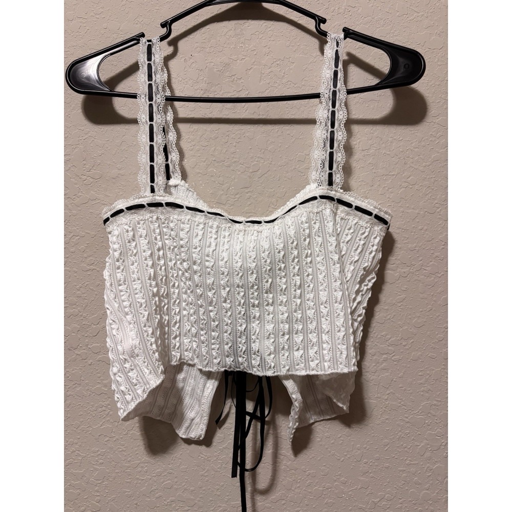 Y2K White Pointelle Ruffle Coquette Top Sz M Satin Bow Lace Trim Cami Fairy - Picture 5 of 9